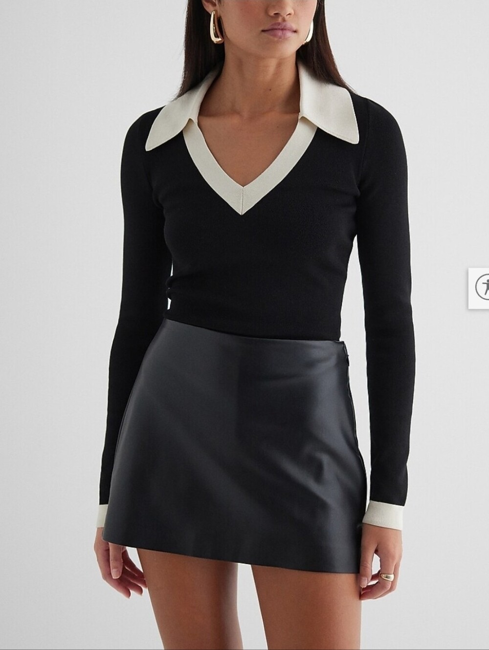 Express Black V-Neck Stretch Top/Light Sweater with Cream Collar & Cuff Trim - S